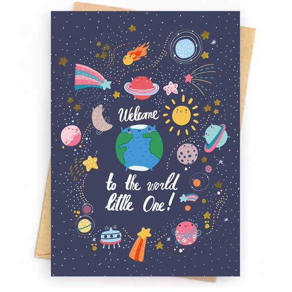 Welcome to the World Little One Greeting Card  Cute Space Theme  Blank Inside  Perfect New Baby Gift Card with Envelope