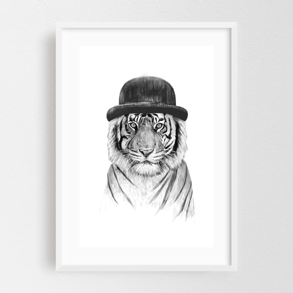 Welcome to the jungle - Illustration Tiger Black and White Animal Sketch Portrait Whimsical White Framed Wall Art Print 5 x 7 inches