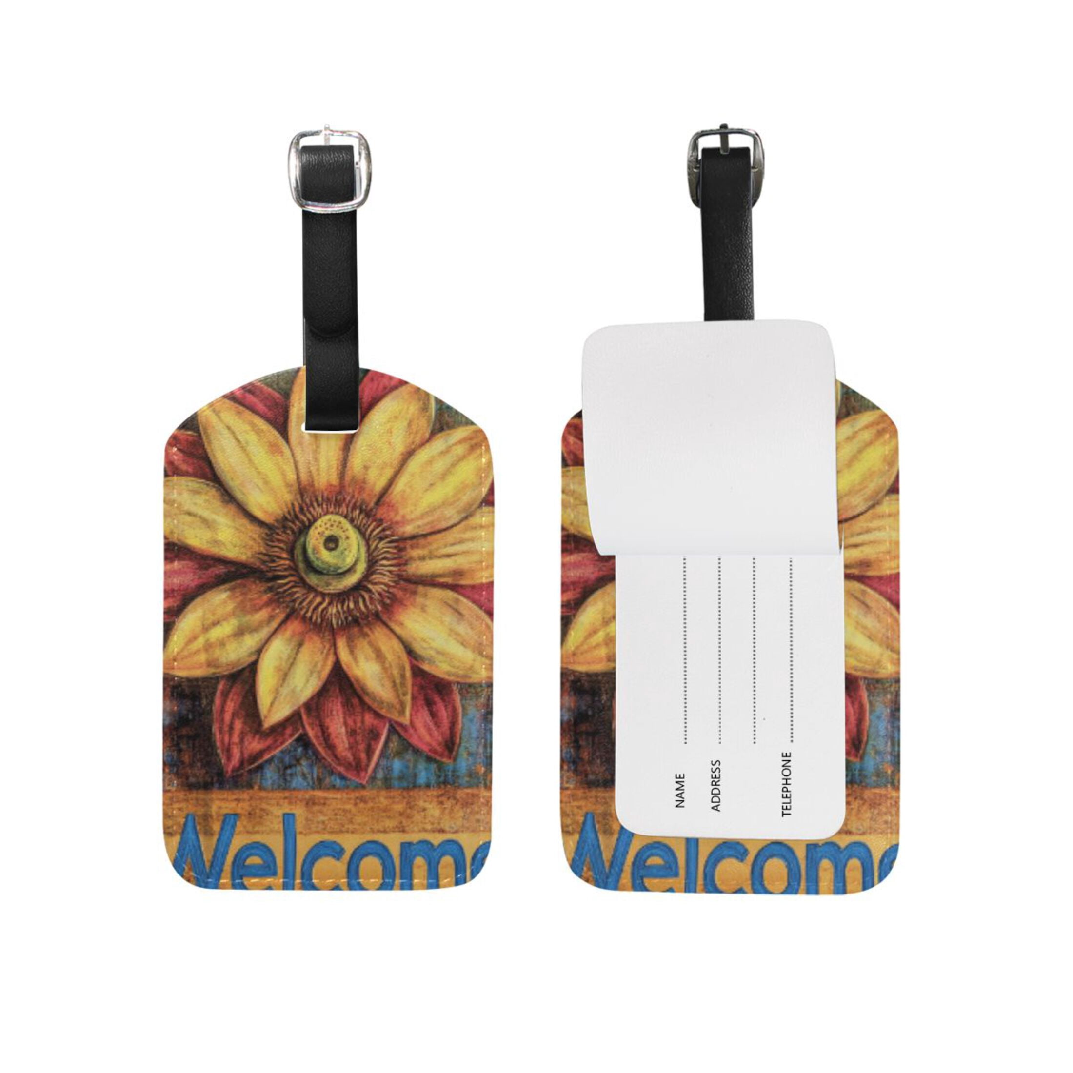 Luggage Label Spring Welcome with Flower Luggage Tags PU Leather Name ID Labels for Suitcase ...