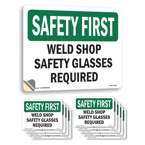 Weld Shop Safety Glasses Required OSHA SAFETY FIRST Vinyl Decal Label 14 Inch x 10 Inch - 10 Pack