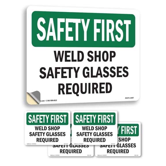 Weld Shop Safety Glasses Required OSHA SAFETY FIRST Vinyl Decal Label 5 Inch x 3.5 Inch - 5 Pack