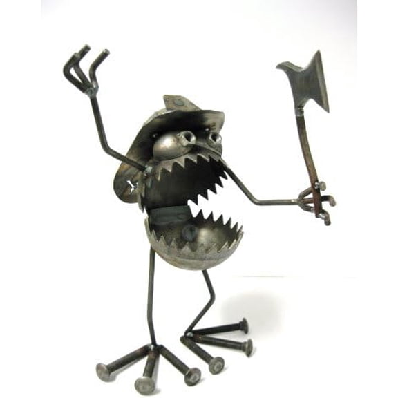 Welded Metal Art Gnome Be Gone Fire Fighter with Ax$$Garden & Patio