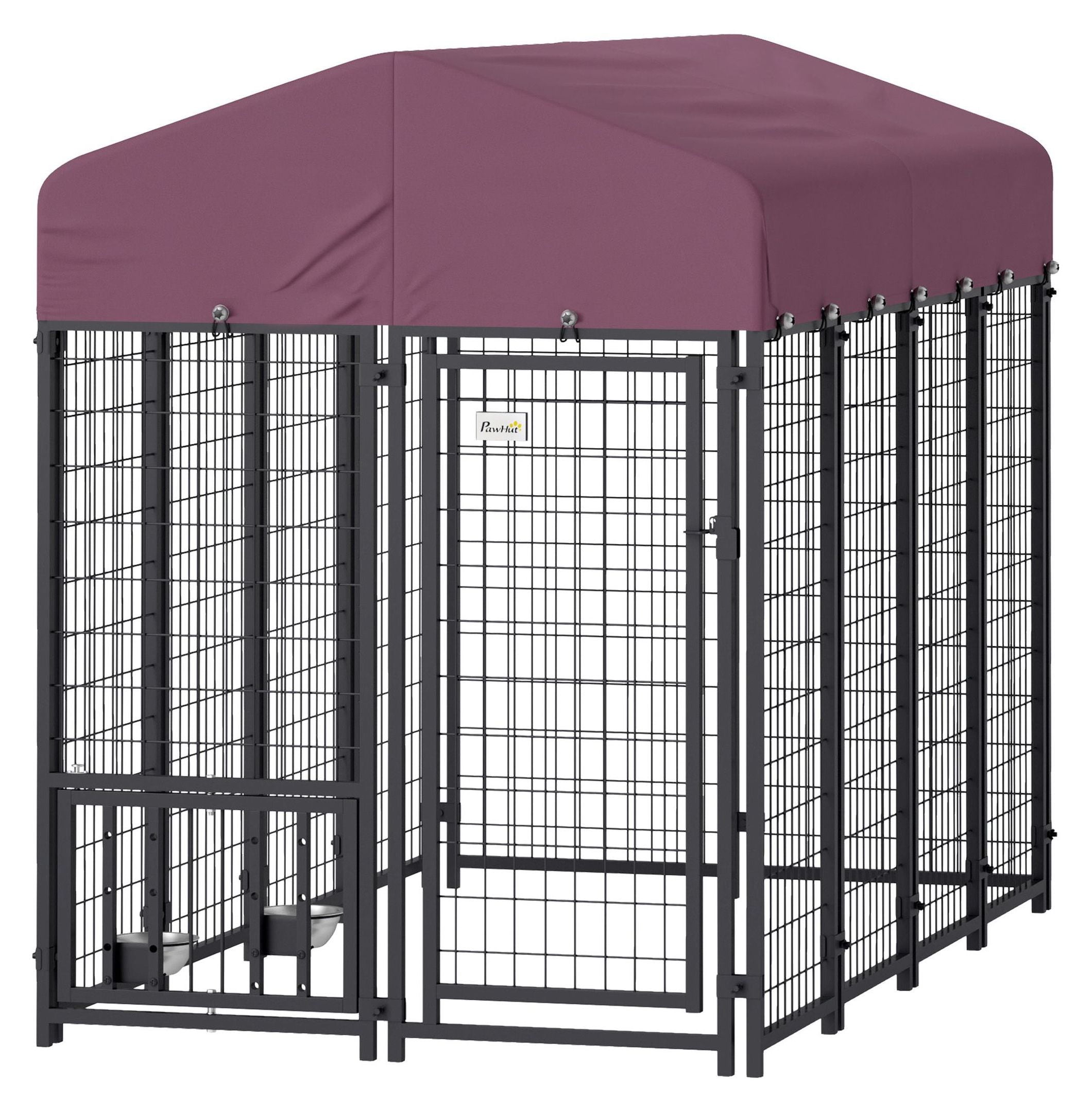 Welded Wire Dog Kennel, Outdoor Dog Run with Cover, 7.9'x4'x6', 360° Rotating Bowls, Adjustable Height, Lockable Gate, Heavy Duty Steel for Large Dogs up to 66lbs