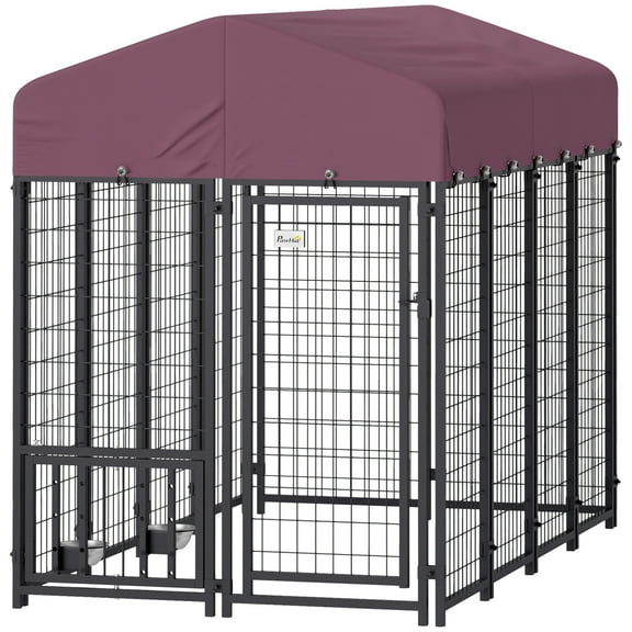 Welded Wire Outdoor Dog Kennel with 360 Rotating & 4 Levels Adjustable Bowls, Waterproof Cover, 7.9' x 4' x 6'