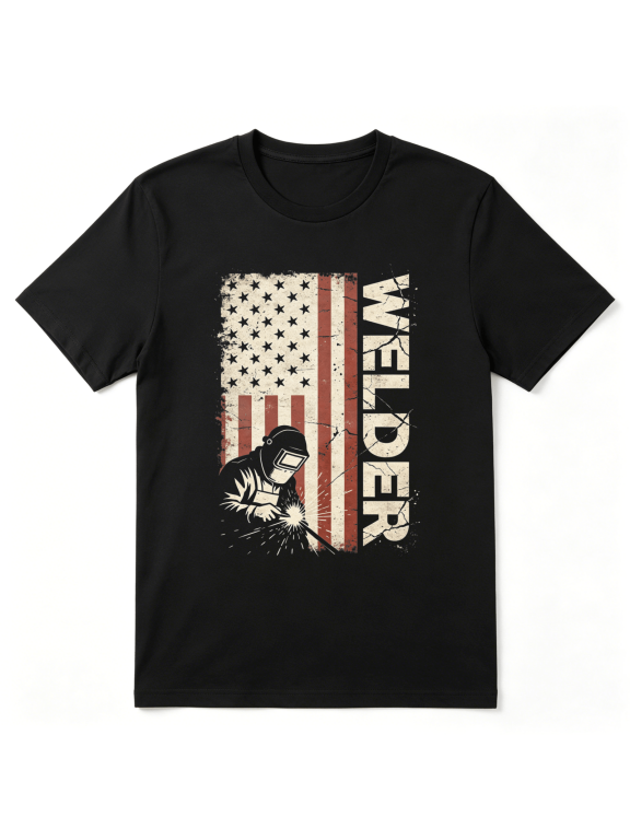 Welder American Flag Profession Cool Graphic Tee for Men, Dad Father's Day Gift Cotton Short Sleeves T-Shirt