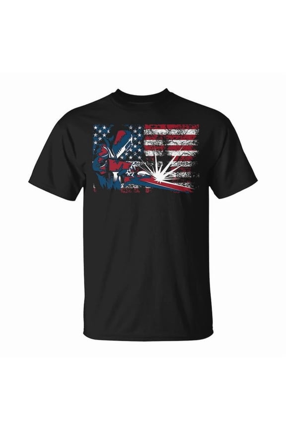 Welder American Flag Tee Unisex Adult Cotton T-Shirt with Cute Lit Operator Graphic Comfortable Casual Gift for Welding Professionals and Patriotic Workers, Size S, Color Black