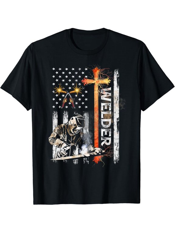 Welder American Flag Welding Faith Cross Christian Graphic T-Shirt, Size S-5XL