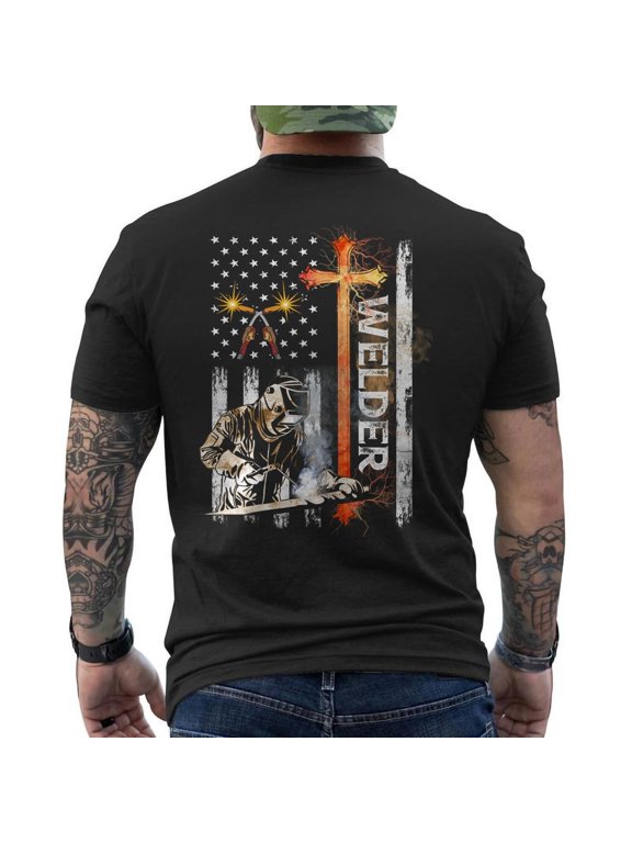 Welder American Flag Welding Faith Cross On Back Christian Trendy T-Shirt, Size S-5XL