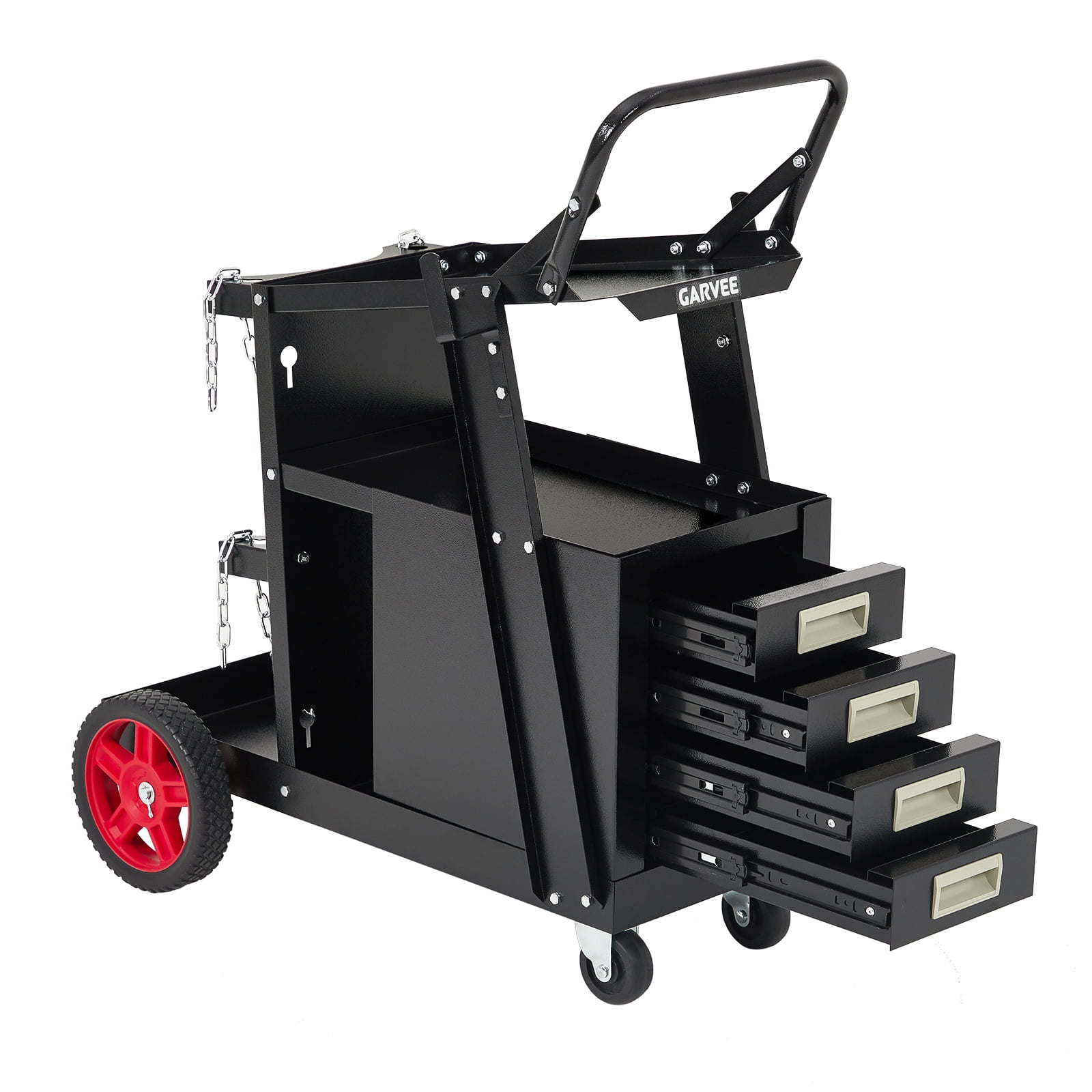 Welder Cart With Drawers – Rolling Workstation With Tank Storage, Safety Chains & Gas Cylinder Slots For TIG, ARC & Plasma Cutters, Black