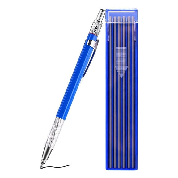 Welders Pencil with 12 Pcs Round Silver Refills, Metal Marker Pen Metal Carbide Scriber Mechanical Pencils,1 x Mechanical pencil 12 x Refills,Blue