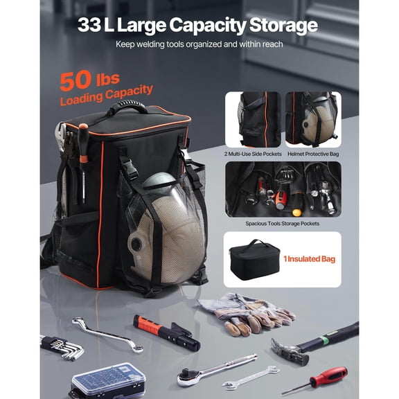Welding Backpack, 33L Welder Backpack with Insulated Bag & Helmet Bag, 600D Polyester Extreme Gear Pack for Tools and Helmet, Multi-Purpose Gear Stora