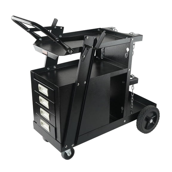 Welding Cart 2-Tier 4 Drawer, 265 LBS Capacity, Rolling MIG Welder Cart with Wheels & Chains, Heavy Duty Plasma Cutter Cart for Welding Tools & Gas Cylinders