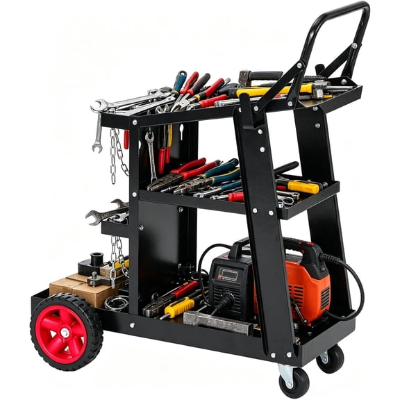 Welding Cart,3-Tier Heavy Duty Welder Cart with 400 Lbs Load Capacity, Rolling Metal Utility Cart with Raised Handle, 360 Swivel Wheels for TIG, TIG, MMA, Plasma Cutter Welding Machine