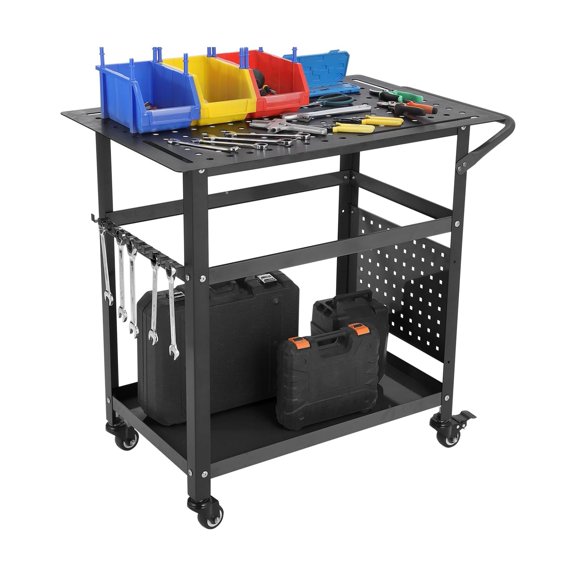 Welding Cart, 36" x 24" Welding Table Top with 5/8" Holes, Double Layer Fabrication Table, 1200lb Load Capacity Metal Workbench, Steel Weld Table with Pegboard and Hooks Orange Without Tray