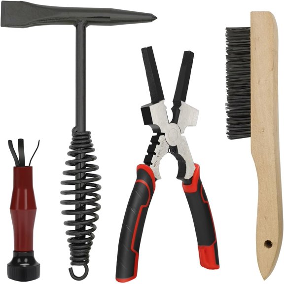 Welding Chipping Hammer with Coil Spring Handle,10.5",Cone and Vertical Chisel,10" Wire Brush, MIG Welding Pliers 8",Hardened Cutting Edge,Mig Nozzle Cleaner