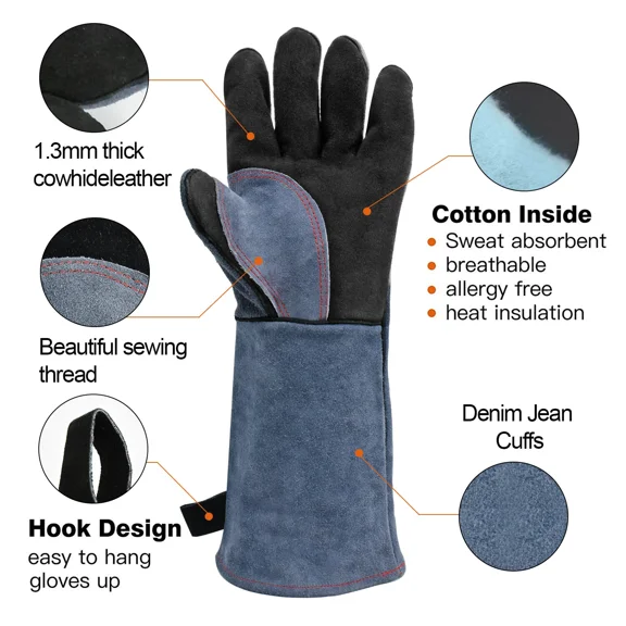 Welding Gloves Leather Heat Fire Resistant Grill Work Oven Glove Denim Jean Cuff