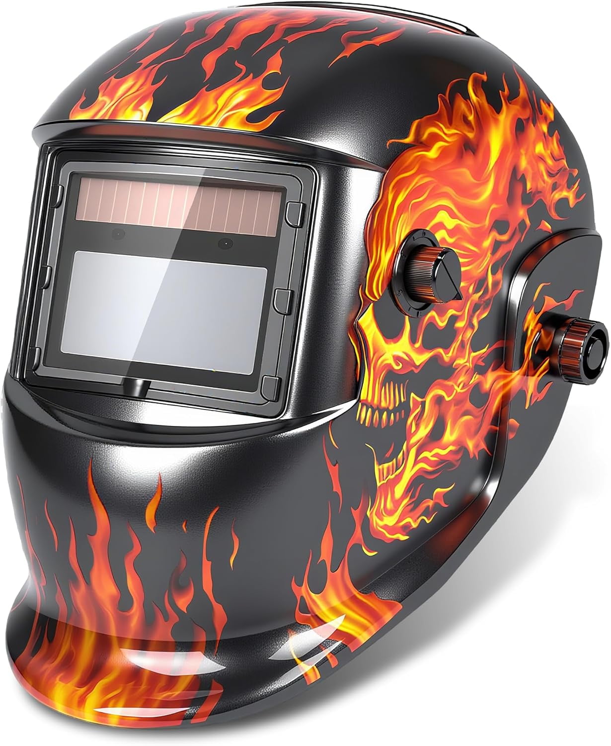 Welding Helmet Auto Darkening Flaming Skull Design Welding Mask 3.66"X1.69" View Area Welding Hood with Sensors Solar Powered Weld Hood Helmet with Adjustable Shade Range 4&9-13