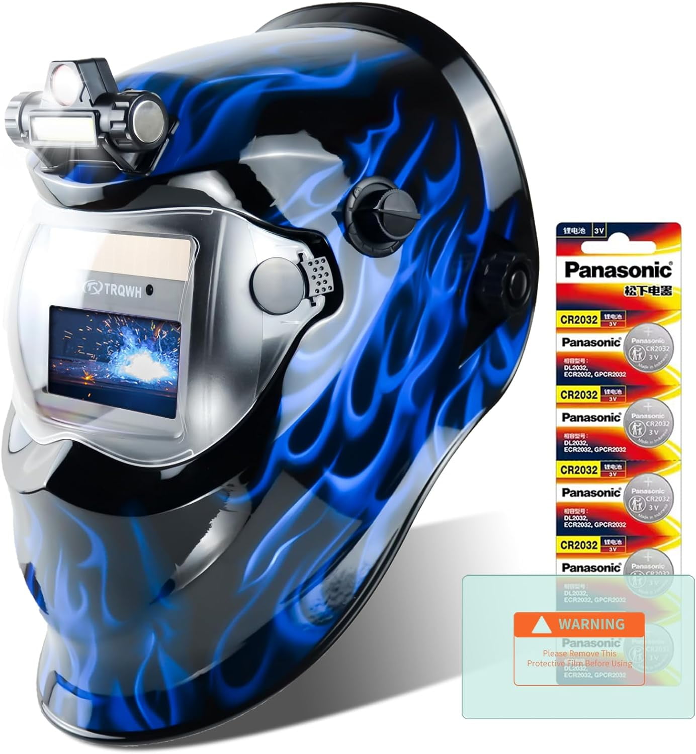Welding Helmets for Men True Color Welding Hood Auto Darkening with Light, Solar Power 2 Arc Sensor Wide Shade 9-13 Welding Mask with Extra Grinding Mode (Blue Fire)