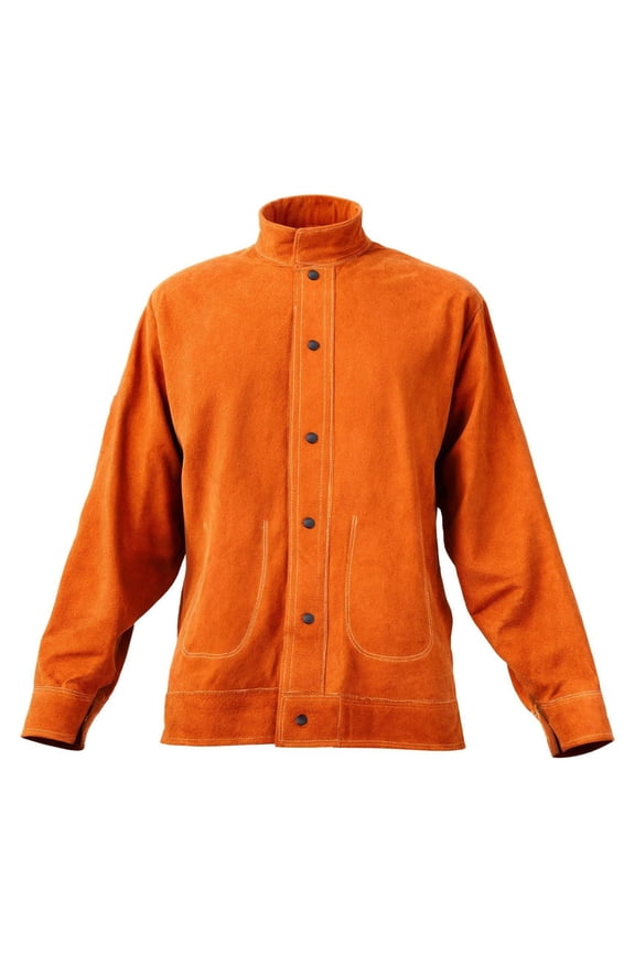 Welding Jacket Leather, Flame Resistant Coat, Heavy Duty Cowhide Heat Resistant Welding Safety Jacket, Waterproof, 4 Pockets, Adjustable Cuffs - M