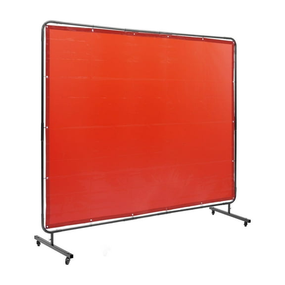 Welding Screen with Frame, 6' x 8' - Flame Resistant Vinyl Welding Curtain, Mobile Welding Protection with Lockable Wheels, Workshop/Industrial Use, Red