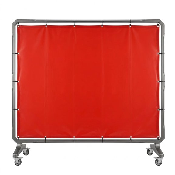 Portable Welding Curtain Screen, 6 x 8 ft Red Vinyl Protection Panel with Rolling Frame and Locking Wheels
