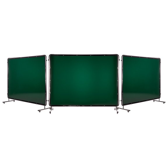 Welding Screen with Frame, 3 Panel 6 x 8 FT Welding Curtain, Flame Resistant Vinyl, 12 Wheels, UV Protection, Dark Green for Workshop