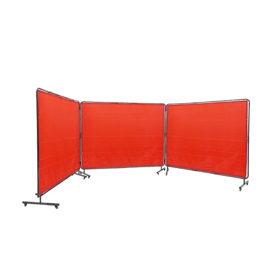 Welding Screen with Frame 6x8ft, 3 Panel Flame Resistant Welding Curtain, Mobile Welding Protection Screen with Lockable Wheels, Red
