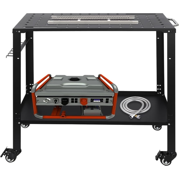 Welding Table, 1200 Lbs Loading Capacity Welding Workbench with 4 Wheels and 1 Row Hooks, Adjustable Height Storage Tray, Portable Steel Welding Cart for Welding Shop, Home Workshop (Black, 3618in)