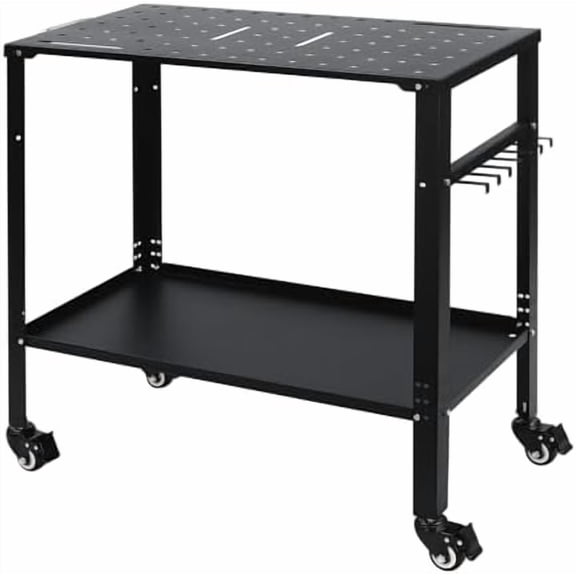 Welding Table 36"X18" Welding Workbenches with Storage Tray, Portable Welding Table with Holes on Top, Welding Cart with 4 Wheels, 4 Tool Slots and 5/8'' Fixture Holes for Office Workshop