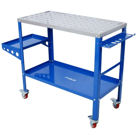 Welding Table - 36"x18" Steel Welding Workbench on Wheels, 1200lbs Capacity, Portable with Tool Slots & Tray, 5/8" Holes for Garage & Workshop Use