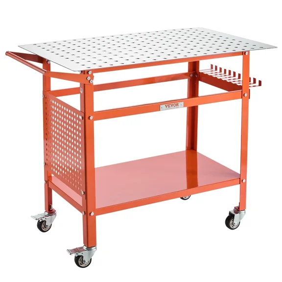 Welding Table, 40" x 24" Welding Workbench Table with 800LBS Static Weight Capacity, Movable Steel Work Bench with 4 Wheels (2 with Brake), Double-Layer Storage Board and 5/8-inch Fixture Holes