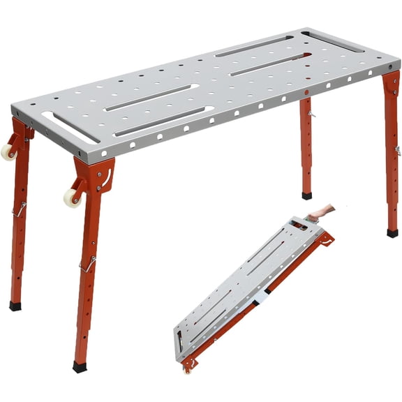 Welding Table, 46x18in Work Bench, 1000lbs Capacity Foldable Steel Work Table, Adjustable 13-21in Height with Fixture Holes & Casters for Welding & Assembly