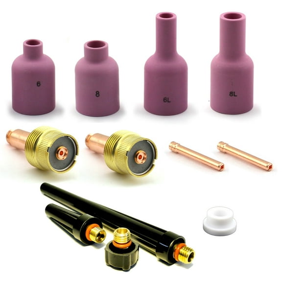 WeldingCity 12-pcs TIG Welding Torch Accessory Kit (1/8) Collet-LARGE Gas Lens-Ceramic Cup (Reg. & Long)-Gasket-Back Cap for Torch 17, 18 and 26 Weldcraft Miller Lincoln Hobart ESAB AHP (T19B)