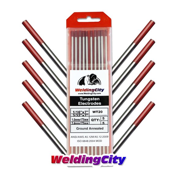 WeldingCity 2% Thoriated (Red) Tungsten TIG Welding Electrodes Assorted Size 1/16" (5) and 3/32" (5)