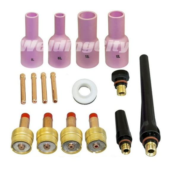 WeldingCity 20-pcs TIG Welding Torch Accessory Kit (.040-1/16-3/32-1/8) Collet-LARGE Gas Lens-Ceramic Cup (Long)-Gasket-Back Cap in Torch 17-18-26 Weldcraft Miller Lincoln Hobart ESAB (T7A)