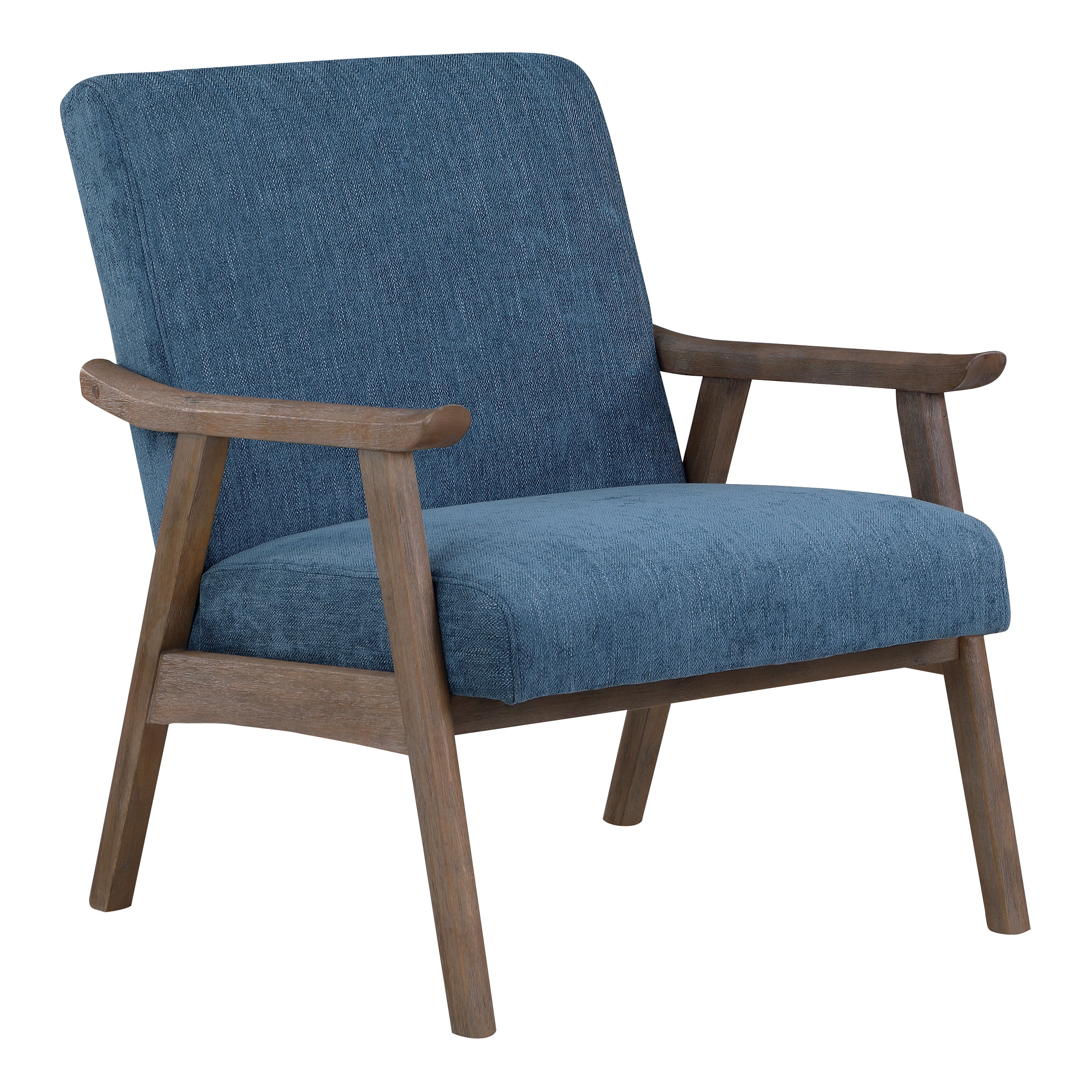 Navy Fabric Armchair with Brushed Brown Wood Frame