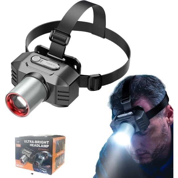 Welfareis Bright Outdoor Rechargeable LED Headlamp-Laser-Powered 300LM/Flood/Zoom Focus & 90°Tilt,3 Modes (High/Low/Strobe),Type-C Fast Charge,Waterproof for Hiking, Cycling, Fishing (1)