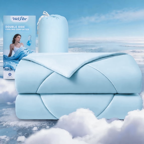 Welfibr Cooling Comforter, Q-Max >0.48, Silky Soft Nylon Spandex, Blue, Queen Size, 90"x90"