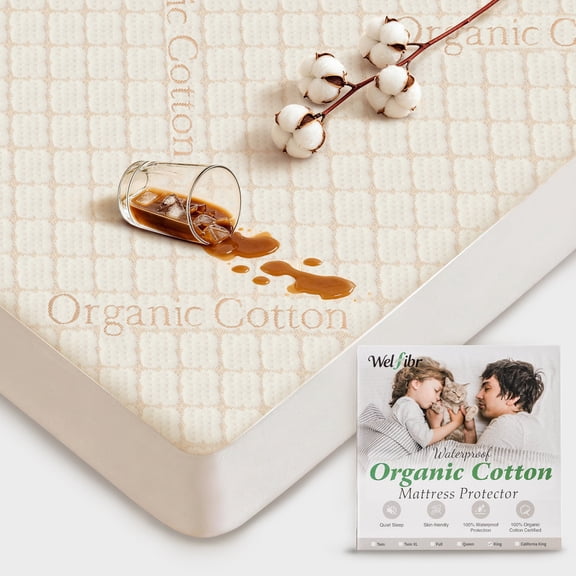 Welfibr Twin Size Organic Cotton Mattress Protector, 100% Waterproof Soft Bed Cover, Noiseless, Breathable Fitted Sheet with 6"-18" Deep Pocket, Ivory, for Home, Dorm and Hotel Use