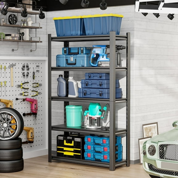 Welfiya 5-Tier Garage Shelving,24"W Storage Shelves,2500LBS Heavy Duty Shelving, Adjustable Metal Shelving Units for Storage Rack for Shed Warehouse Basement, Black,24"W x 16"D x 63"H