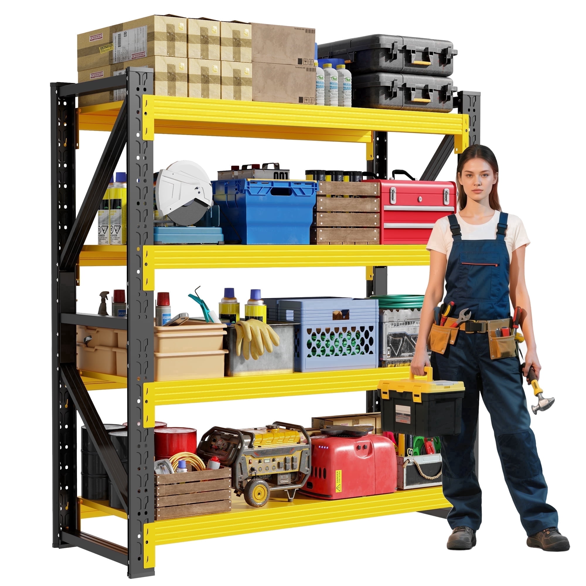Welfiya 59"Wide Garage Shelving Unit,3500LBS Heavy Duty Storage Shelves,4-Tier Metal Industrial Shelving,Adjustable Standing Shelf for Warehouse,Basement,Workshop,59.1"W x 23.6"D x 78.7"H,Black&Yello