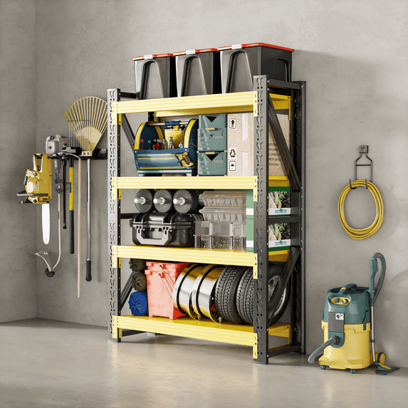 Welfiya 60"W Garage Shelving,4-Tier Heavy Duty Storage Shelves Unit with Adjustable Metal Shelf for Warehouse,Basement,Workshop,5000LBS,60"W x 24"D x 79"H,Black&Yellow