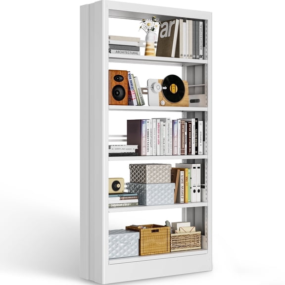 Welfiya 71" Tall 5-Tier Metal Bookshelf, 38" Wide Open Storage Shelving Unit with Adjustable Shelves for Living Room Library Office White