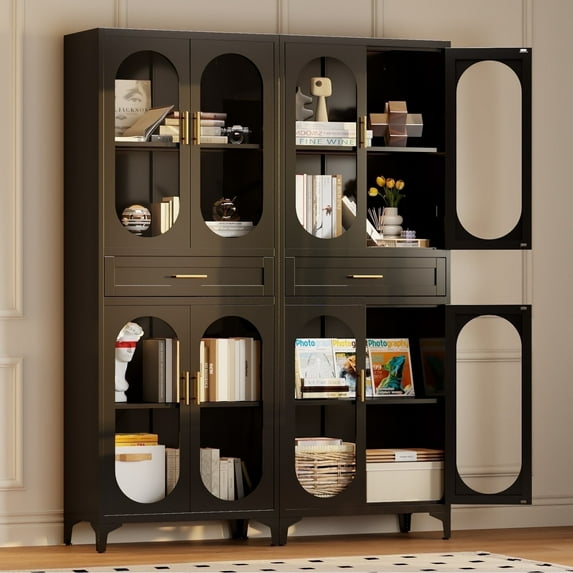 Welfiya 75" H Tall Metal Storage Cabinet,Large Kitchen Pantry Cabinet with 4 Glass Doors and 2 Adjustable Shelves,for Living Room, Dining Room and Office, Black