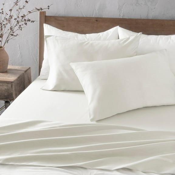 Welhome 250TC Solid Bamboo Cotton Charcoal Sheet Set, 75% Cotton, 25% Polyester, Queen, Cream