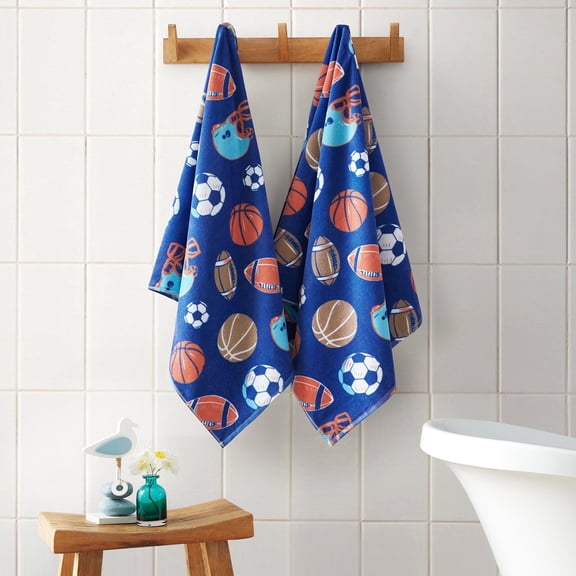 Welhome Kids Towel Set, 2 Piece 100% Cotton Pool Party Towels, 380 GSM, Absorbent Bath Towels For Everyday Use, Sport Printed Bathroom Towels