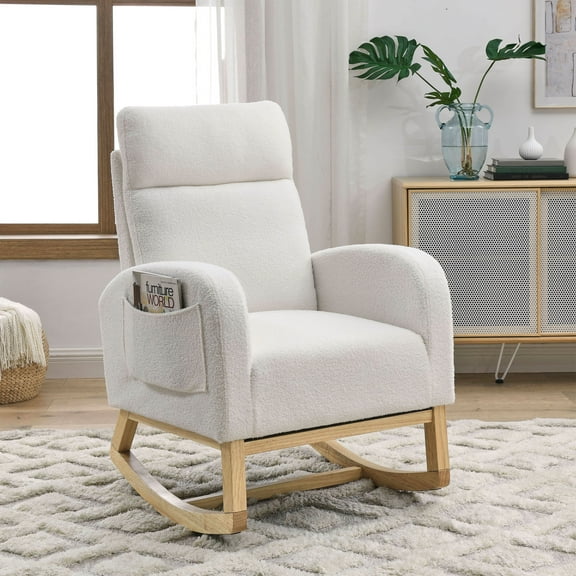 Welike 27.6"W Modern High-Back Rocking Chair with Side Pockets - White Lounge Armchair for Living Room, Nursery (300LBS Capacity)
