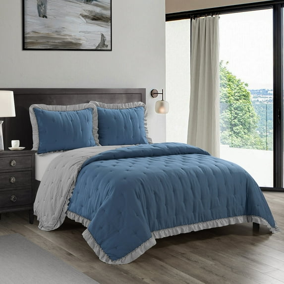 Well Being 3 Piece Quilt Set, Washed Gel Filled, Microfiber, Navy, Queen