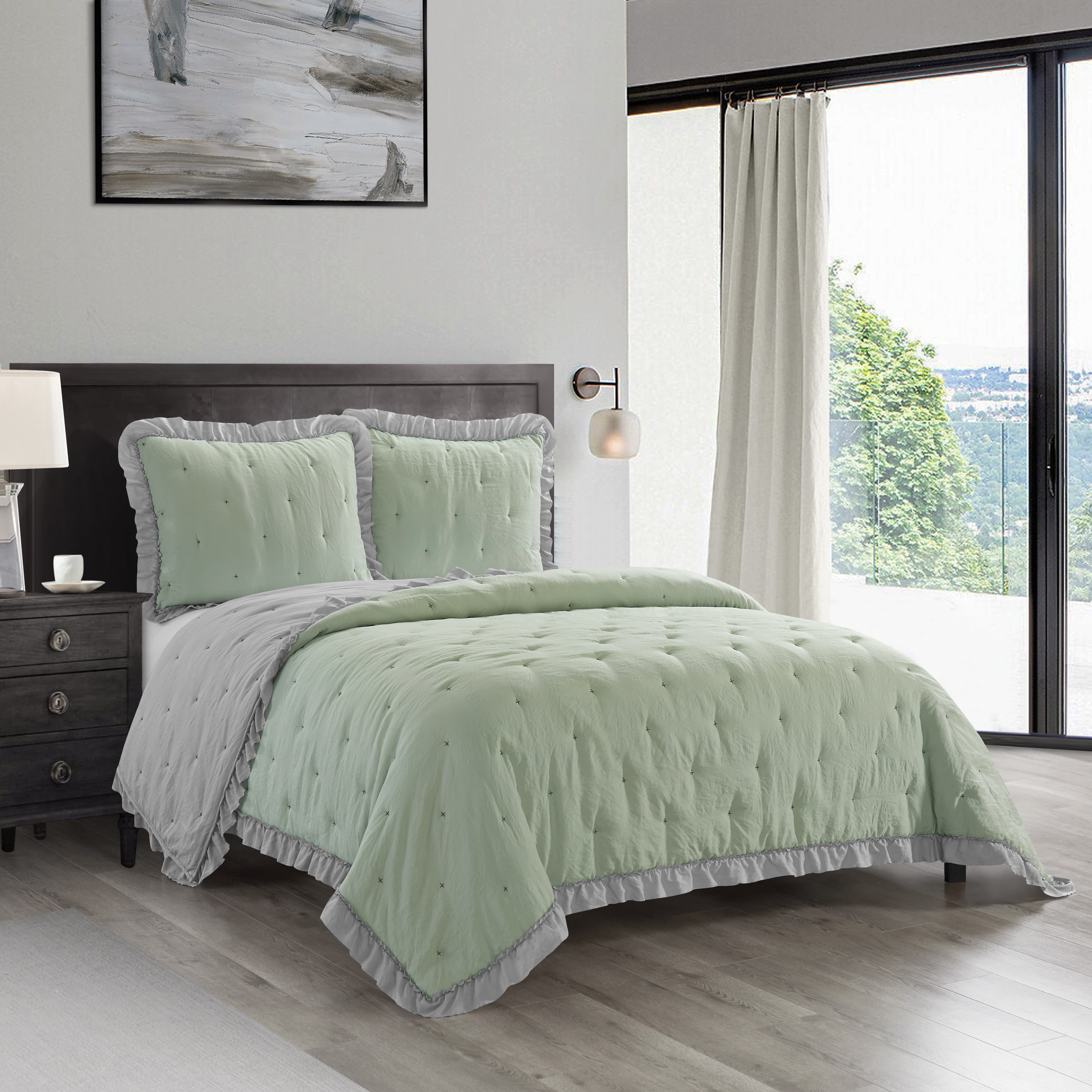 Sage Green Microfiber King Quilt Set with Ruffled Trim