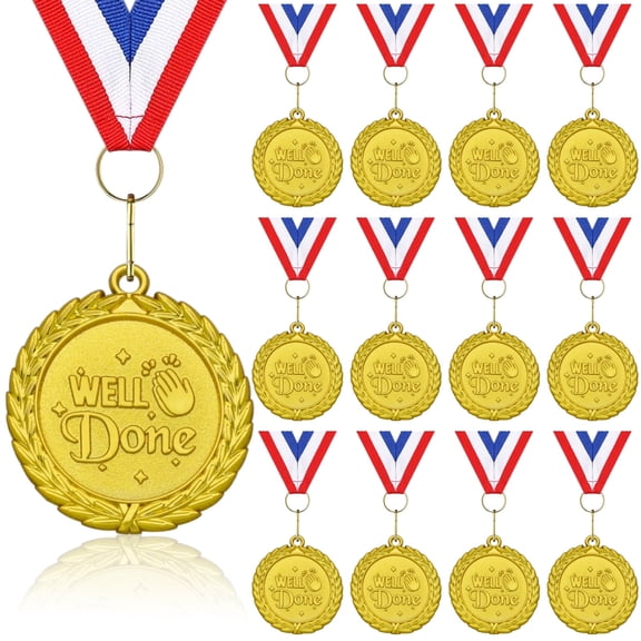 Well Done Medals, 12-Pack Gold Metal Medal Sports Day Medals with Ribbon Necklace for Sports Day Prizes, Gymnastics Competitions, Party Gifts, Kids Adults